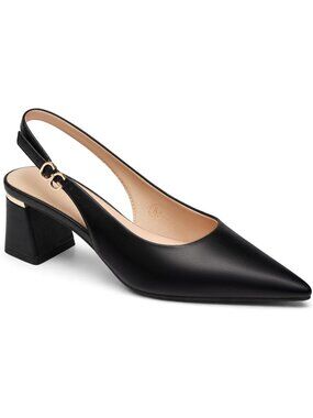 Women's Black Chunky Heels Pointed Closed Toe Pumps Adjustable Strap Shoes
